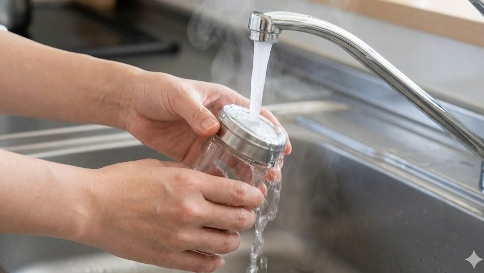蓋をお湯で温めて膨張させるテクニック